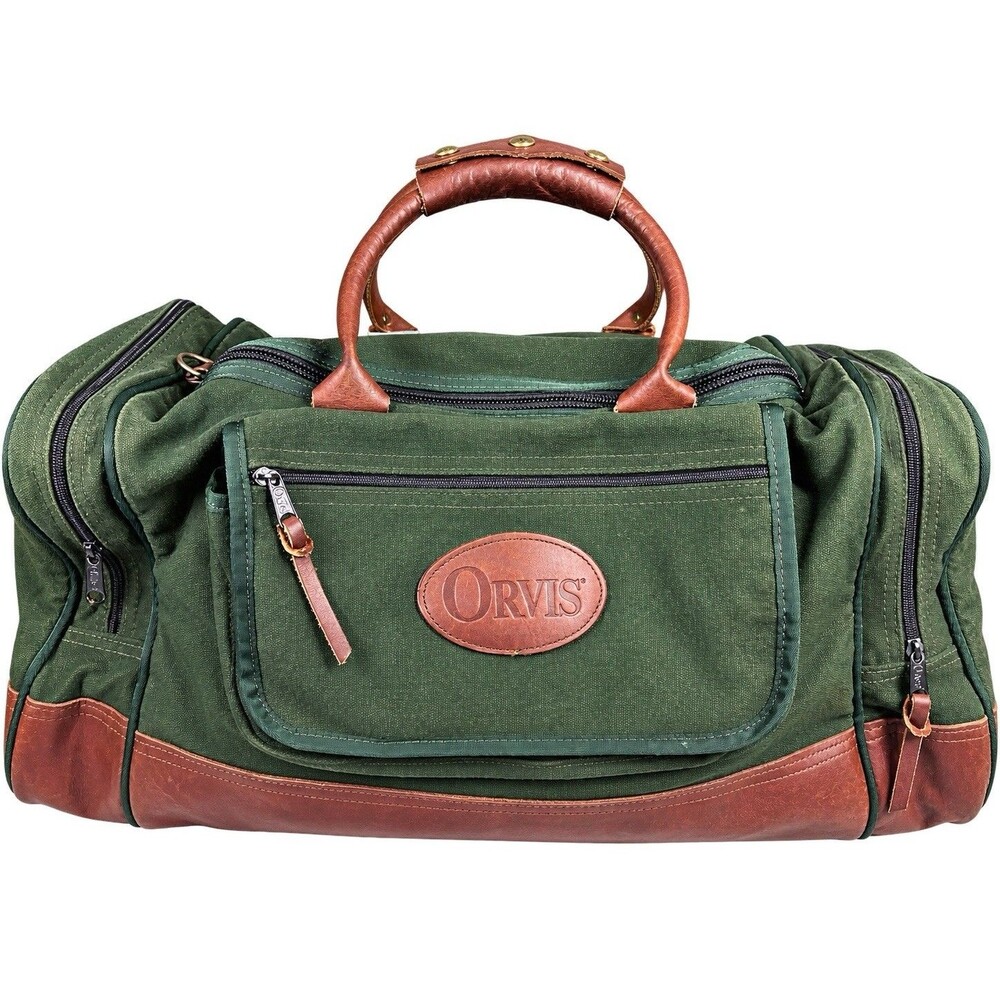 Vintage Orvis Battenkill Green Canvas Leather Weekender Duffle Travel Bag